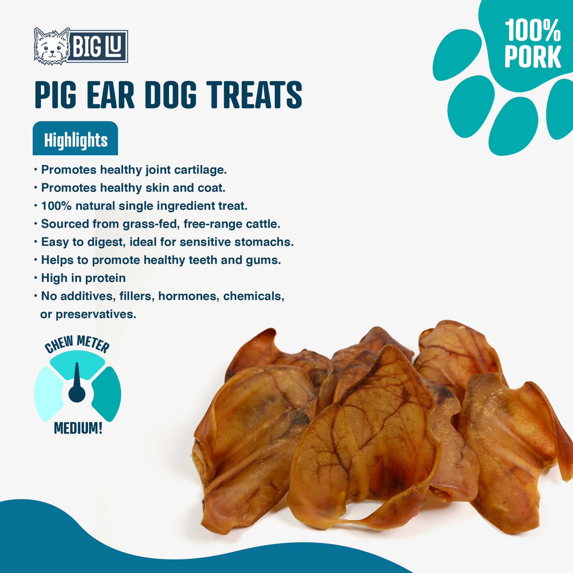 Big Lu – Pig Ear Dog Food, All Natural Pork Based Dog Treats, Single Ingredient Pig Ears for Dogs, Dog Chews Rich in Glucosamine and Chondroitin for Joint Health (12 Chews)