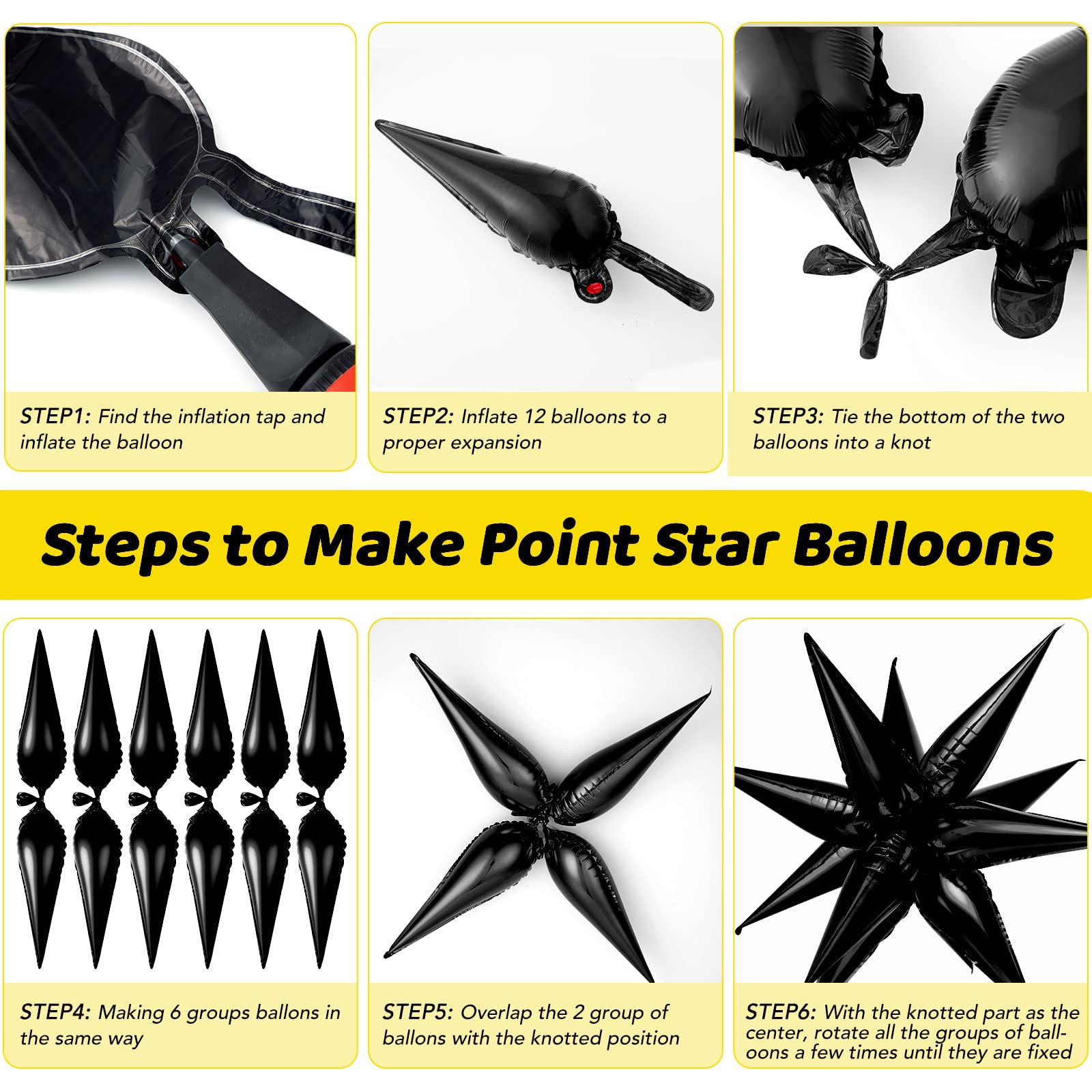 Black Star Balloons, 72 Pcs Big Black Starburst Foil Balloons, Spike Explosion Cone Mylar Balloons for Halloween Birthday Party Decorations Graduation