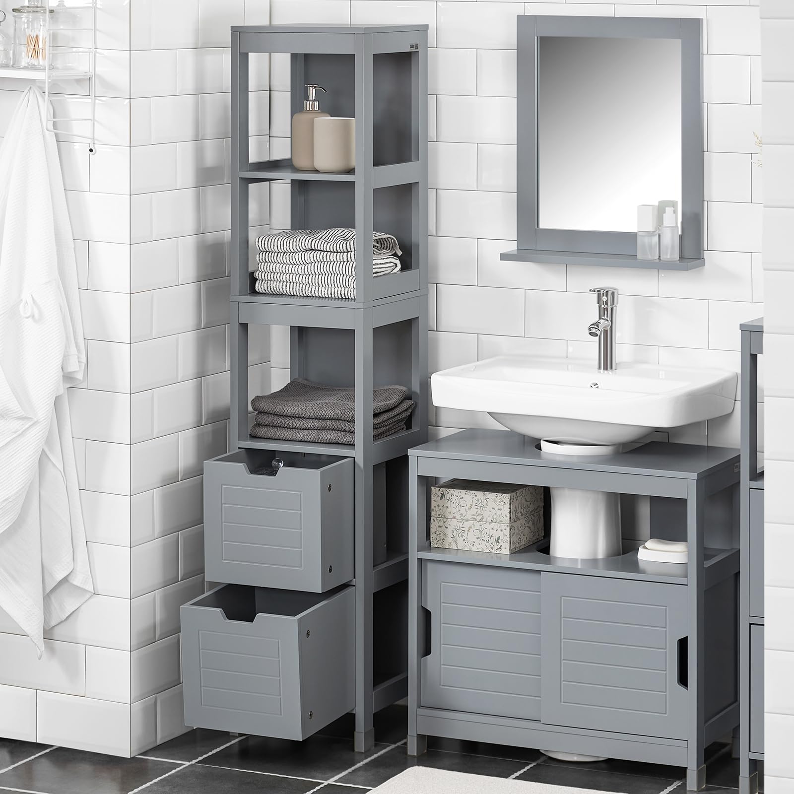 Haotian Floor Standing Tall Bathroom Storage Cabinet with Shelves and Door,Linen Tower Bath Cabinet, Cabinet with Shelf, Grey FRG126-SG