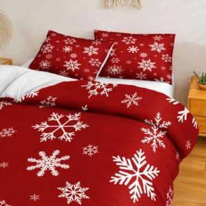 Snowflake Bedding Christmas Duvet Cover Set White Snowflake Red Christmas Printed Xmas Festival Bedding Set King 1 Duvet Cover 2 Pillowcases (King, Snowflake)