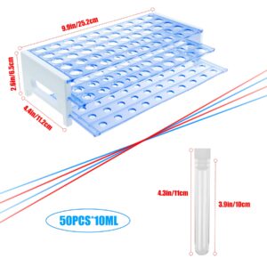 50 Pcs Test Tubes with Test Tube Rack 16x100mm (10ml) Plastic Test Tubes with Caps for Scientific Experiments Party Decoration Liquid Storage Candy Storage