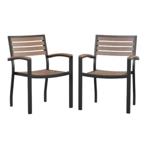 flash furniture stackable aluminum patio chair - all-weather black framed side chair with faux teak slats - commercial grade - set of 2