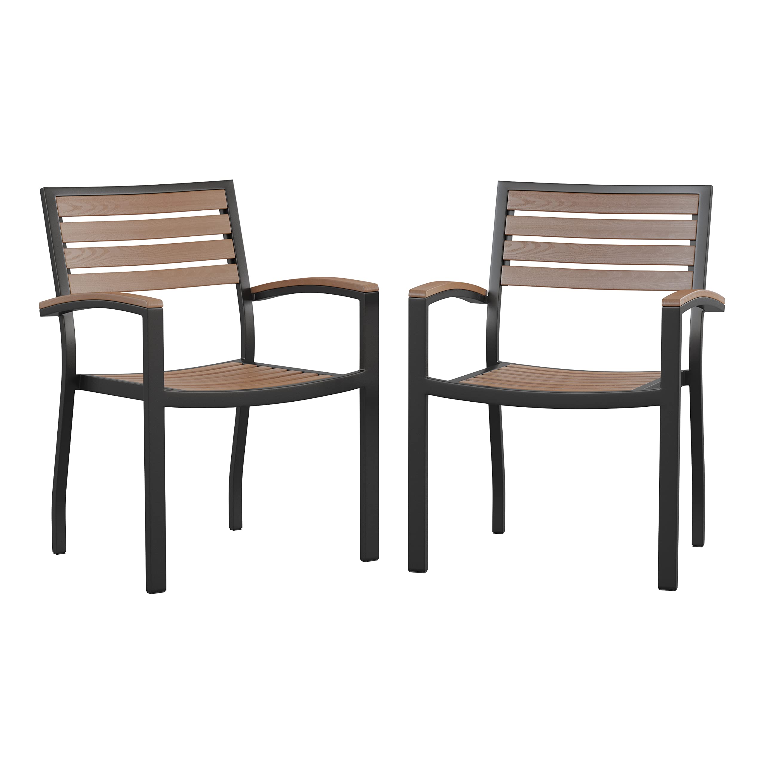 Flash Furniture Stackable Aluminum Patio Chair - All-Weather Black Framed Side Chair with Faux Teak Slats - Commercial Grade - Set of 2