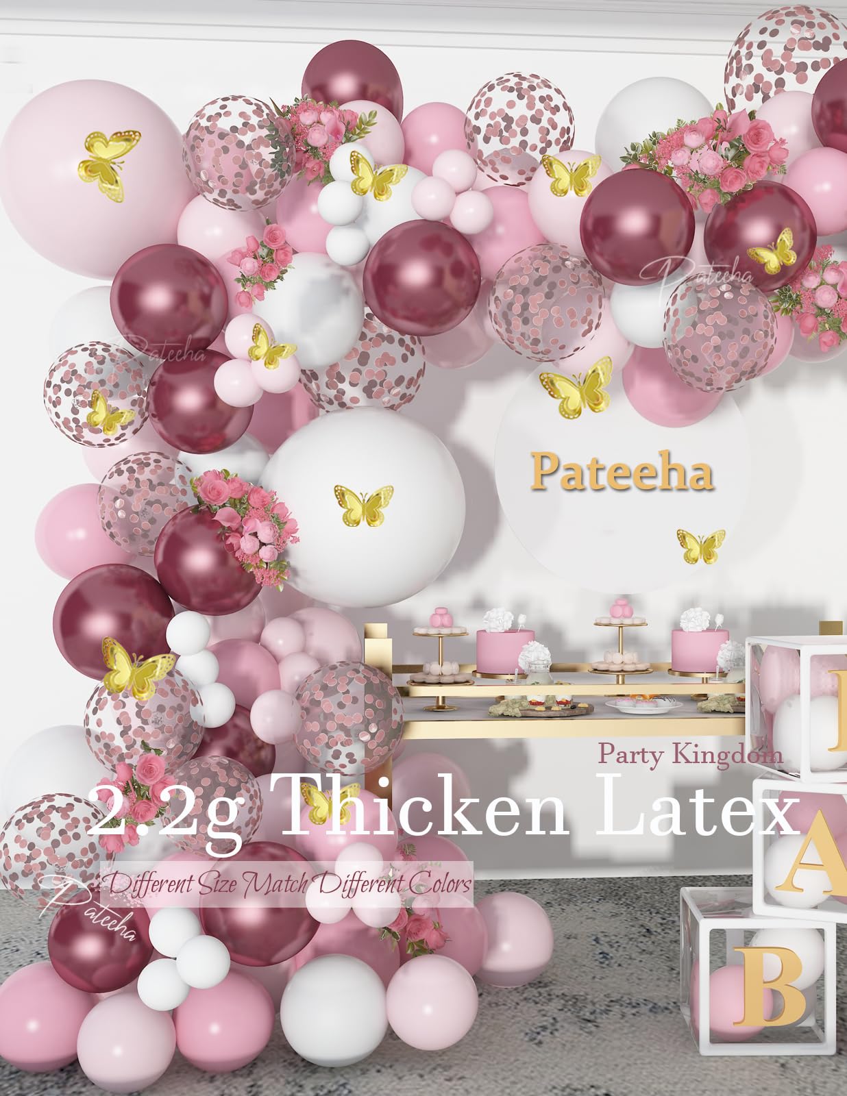 Pateeha Baby Shower Decorations for Girl 140 Pcs Pink Balloon Garland Pink White Balloon Arch Kit Butterfly Stickers Rose Gold Confetti Balloons for Bridal Shower Coquette Birthday Decorations