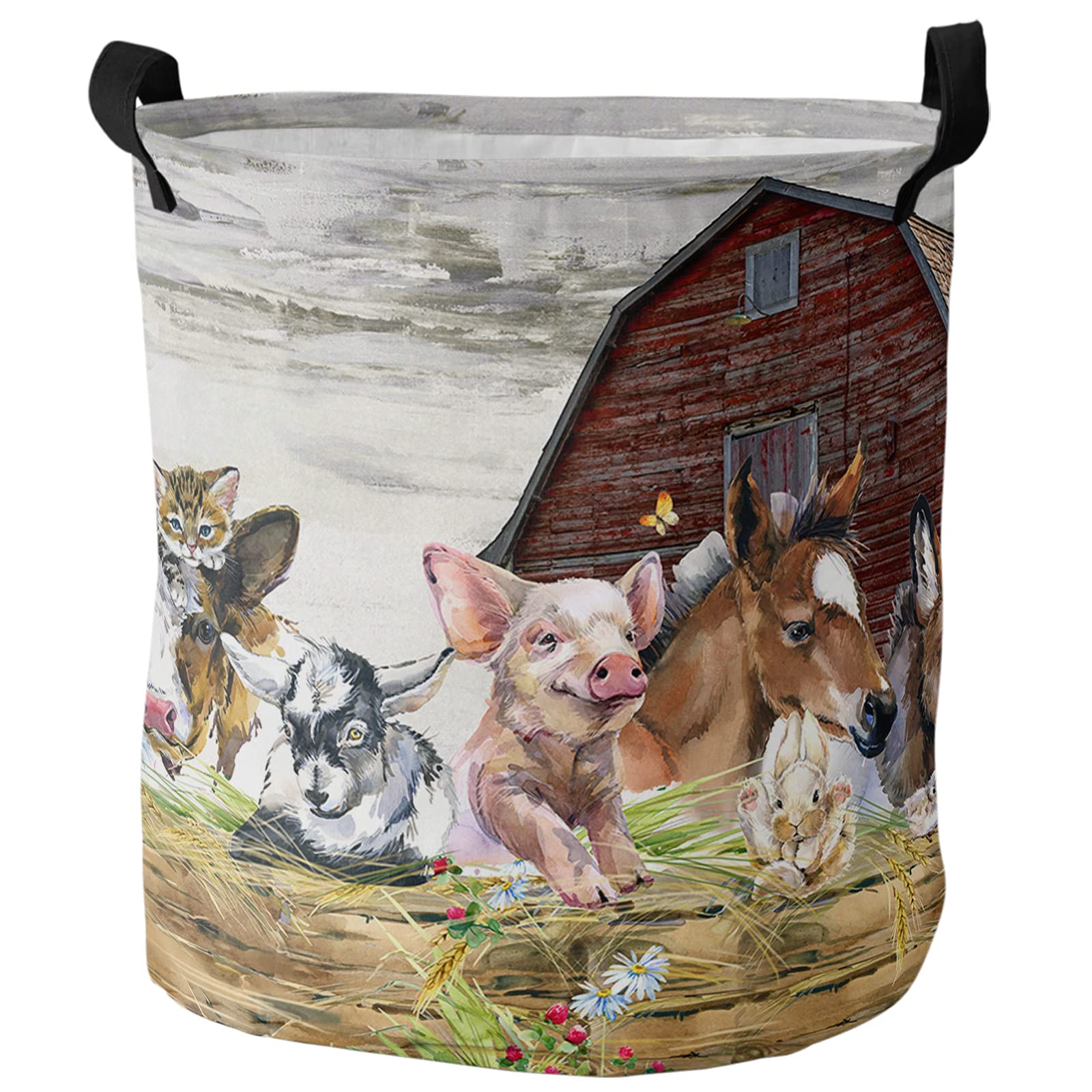 Laundry Basket Animal Pig Cow Farm Barn,Waterproof Collapsible Clothes Hamper Retro Fence Country Wheat Harvest,Large Storage Bag for Bedroom Bathroom