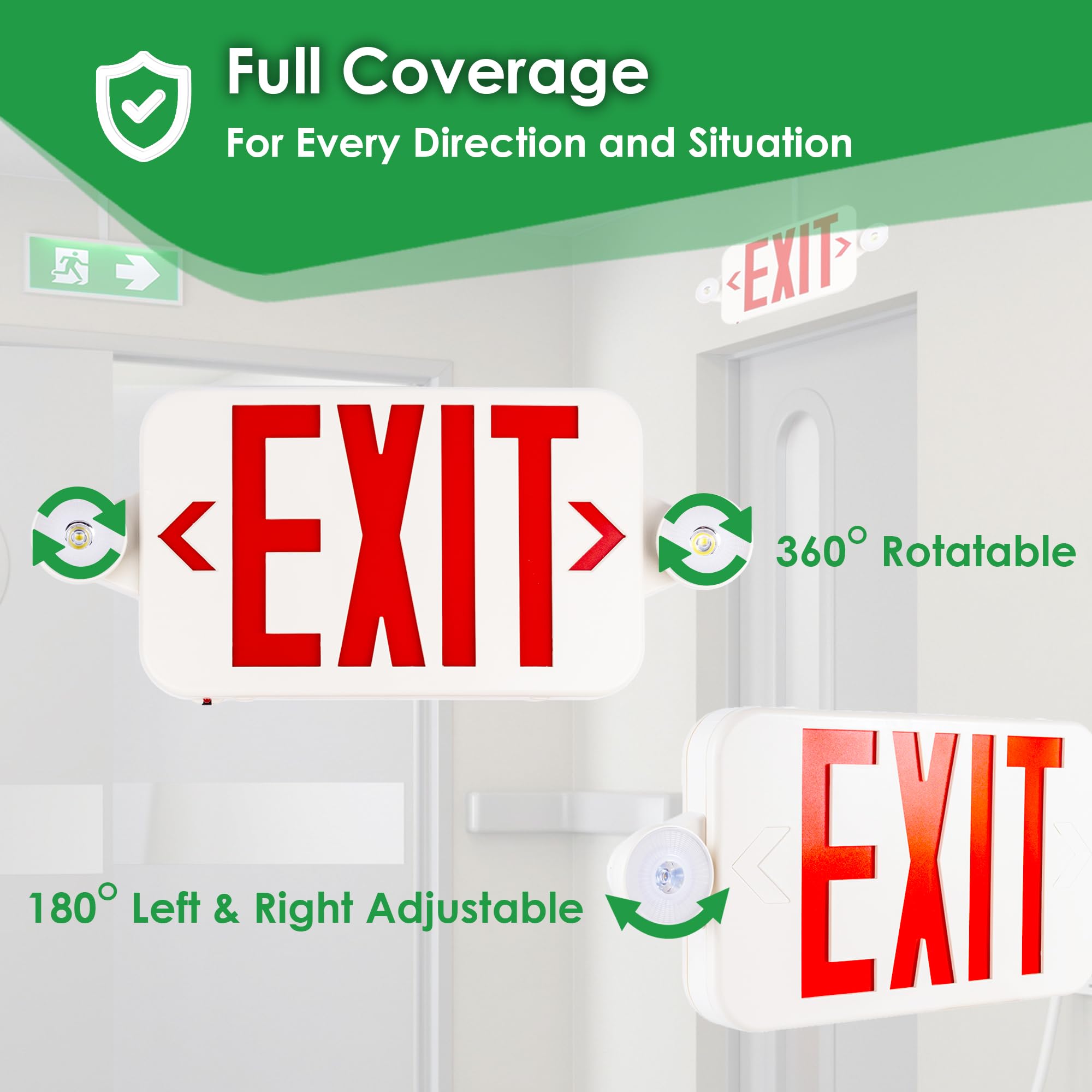 GRUENLICH LED Exit Sign Combo with Emergency Lights, Adjustable Heads and Double Sided, Battery Backup, UL 924 Qualified, AC 120-277V, Commercial Emergency Exit Light for Business- 1 Pack