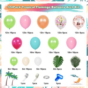 124Pcs Tropical Balloons Arch Garland Kit, Green Hot Pink Rose Gold Confetti Balloons Palm Leaves for Tropical Hawaiian Aloha Luau Flamingo Birthday Party Baby Shower Wedding Decorations