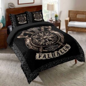 YCYR 3D Print Thor's Hammer Bedding Set, Norse Viking Mjolnir Shield Axes and Valhalla Rune Quilt Covers & Pillowcase Queen Comforter,Black,228 X 228 cm