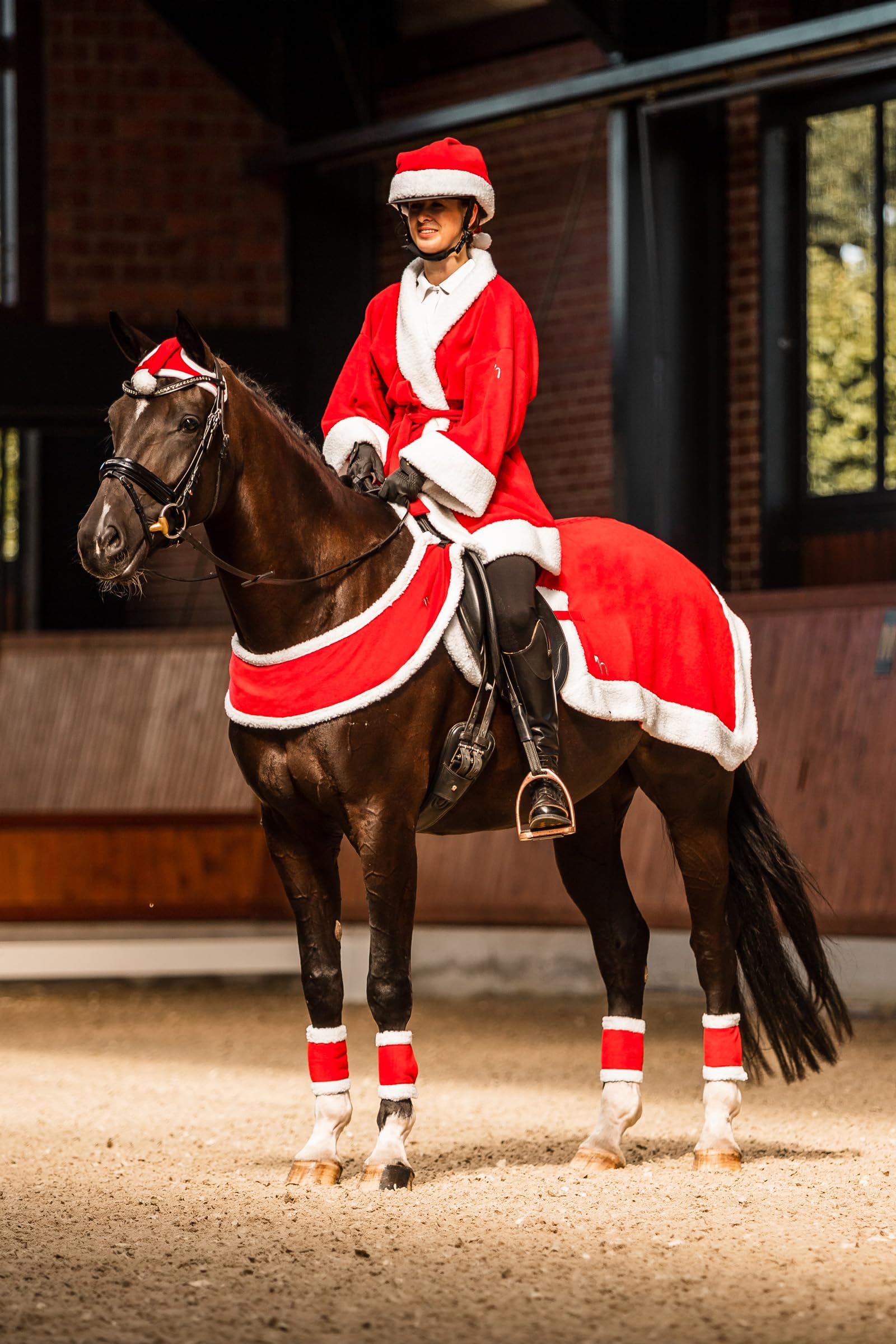 HORZE Santa Christmas Fleece Horse Quarter Sheet Riding Blanket with Faux Fur - Red - Pony