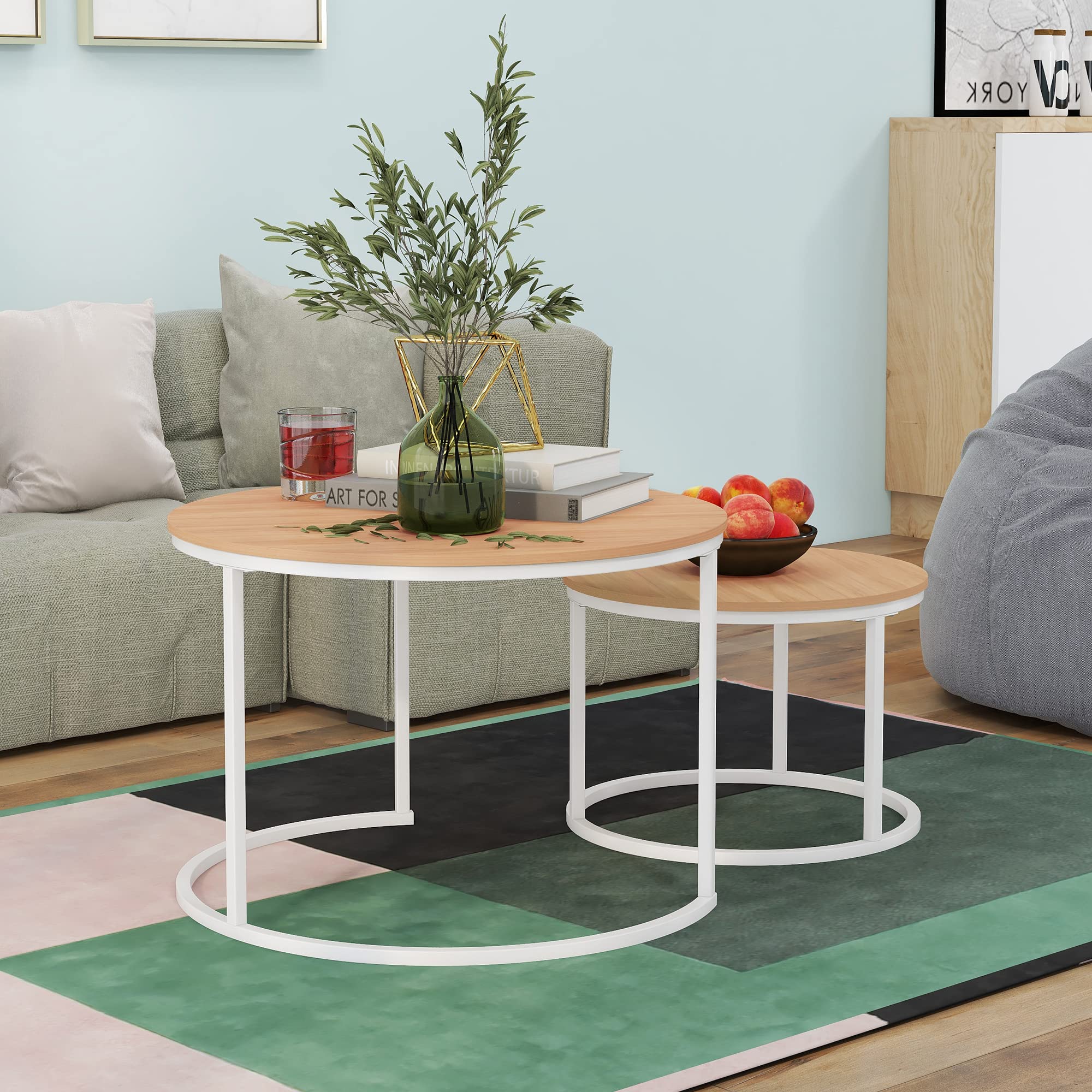 HOJINLINERO Industrial Round Coffee Table Set of 2 End Table for Living Room,Stacking Side Tables, Sturdy and Easy Assembly,Wood Look Accent Furniture with Metal Frame,White+Teak OAKDK