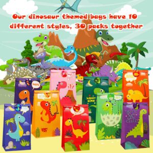 Containlol 30 Pack Dinosaur Party Gift Bags Little Dinosaur Goodie Candy Treat Bag with Matching Stickers Halloween Christmas Party Favor Bags for Kids Dinosaur Themed Birthday Baby Shower(Classical)