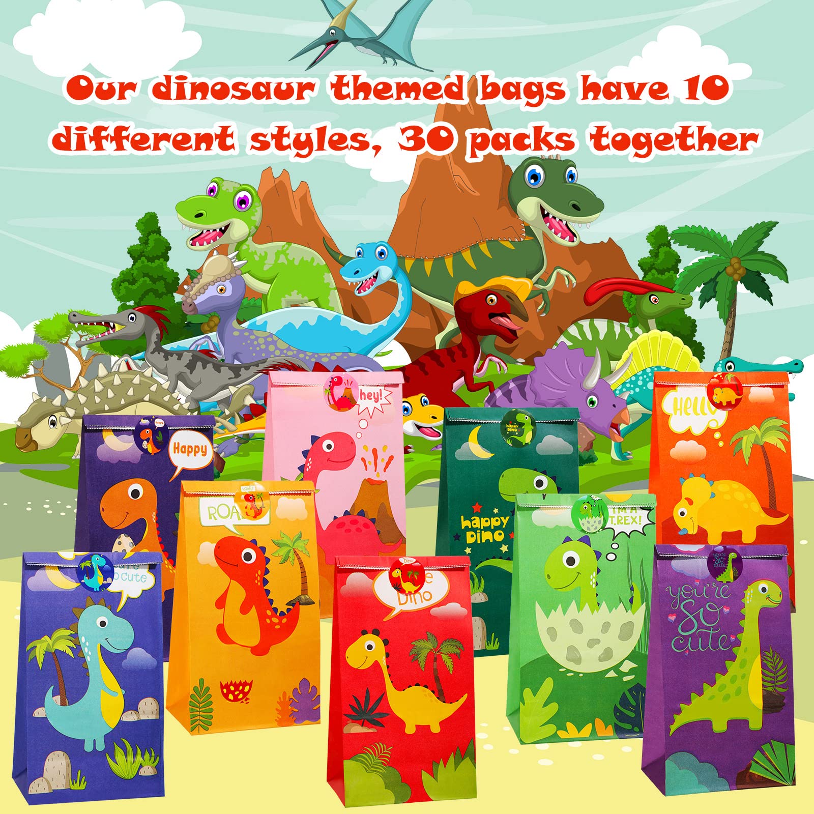 Containlol 30 Pack Dinosaur Party Gift Bags Little Dinosaur Goodie Candy Treat Bag with Matching Stickers Halloween Christmas Party Favor Bags for Kids Dinosaur Themed Birthday Baby Shower(Classical)