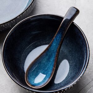 HUTNUOY Japanese Ramen Soup Spoons Asian Blue Ceramic Soup Spoon for Pho Dessert Noodle 5 Pcs