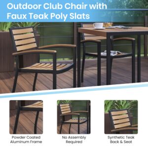 Flash Furniture Stackable Aluminum Patio Chair - All-Weather Black Framed Side Chair with Faux Teak Slats - Commercial Grade - Set of 2