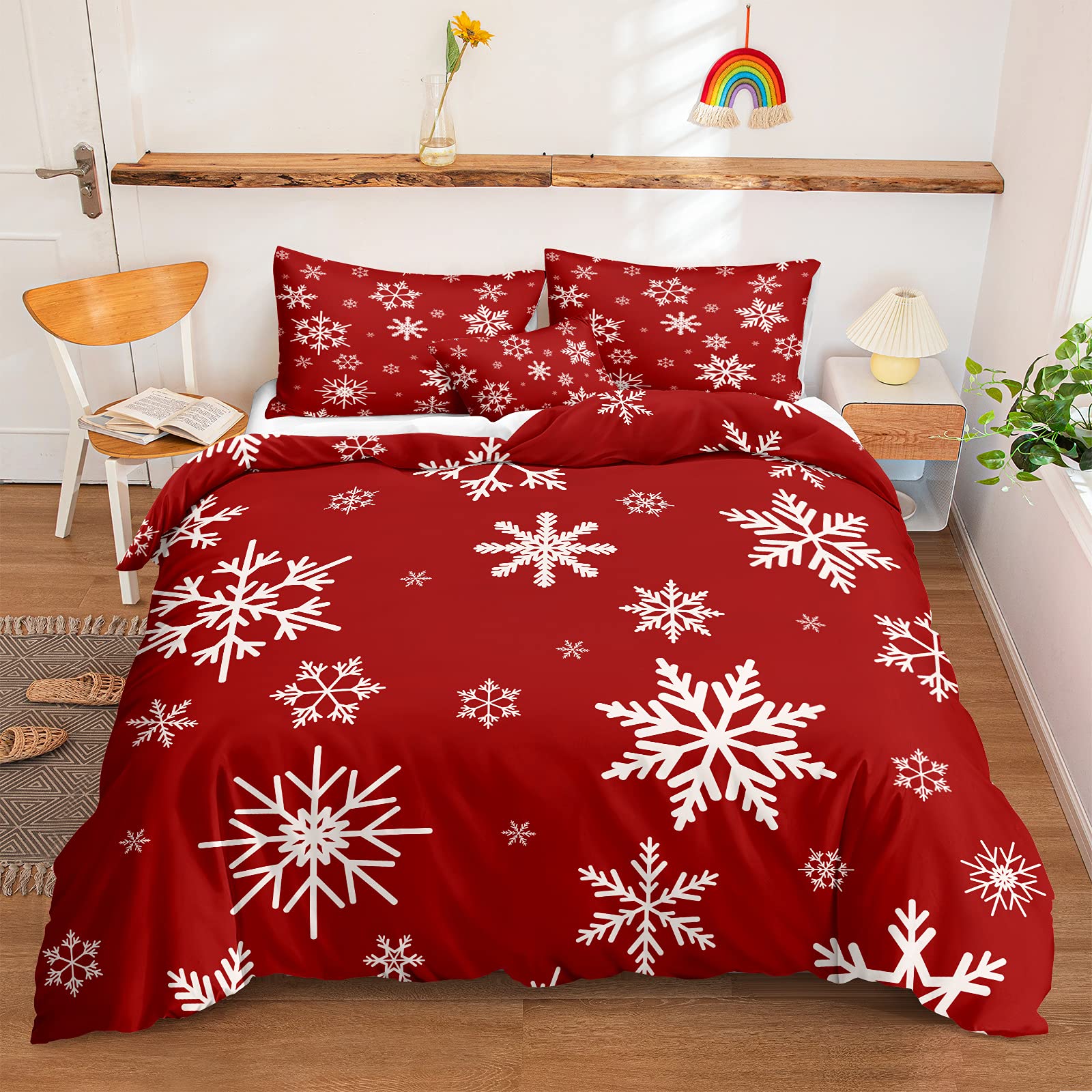 Snowflake Bedding Christmas Duvet Cover Set White Snowflake Red Christmas Printed Xmas Festival Bedding Set King 1 Duvet Cover 2 Pillowcases (King, Snowflake)