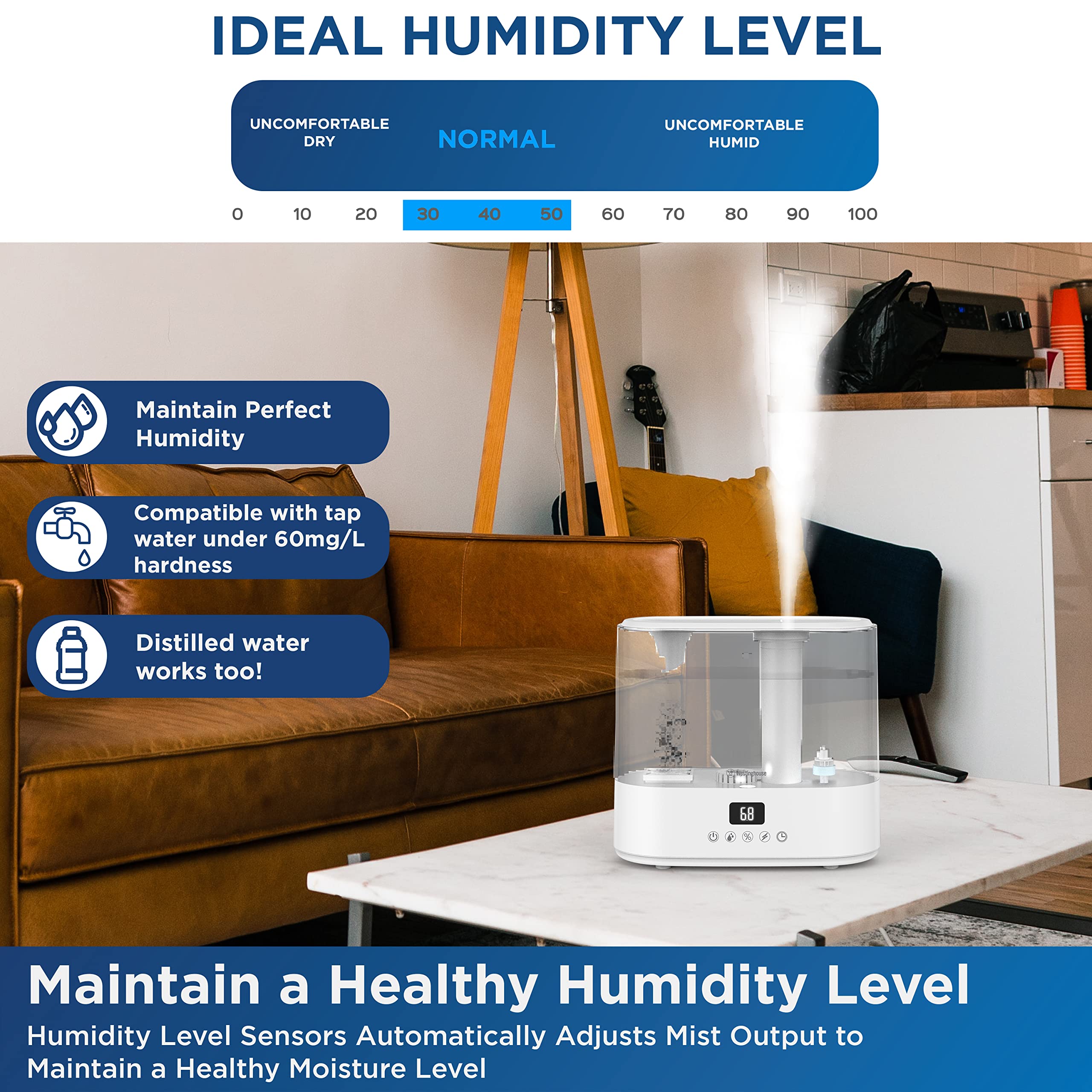 Westinghouse Humidifier and Air Purifier all in one combo with Smart Humidity Sensor Control for Bedrooms with Essential Oil Diffuser and Remote, White