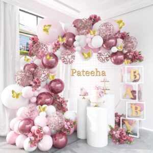 Pateeha Baby Shower Decorations for Girl 140 Pcs Pink Balloon Garland Pink White Balloon Arch Kit Butterfly Stickers Rose Gold Confetti Balloons for Bridal Shower Coquette Birthday Decorations