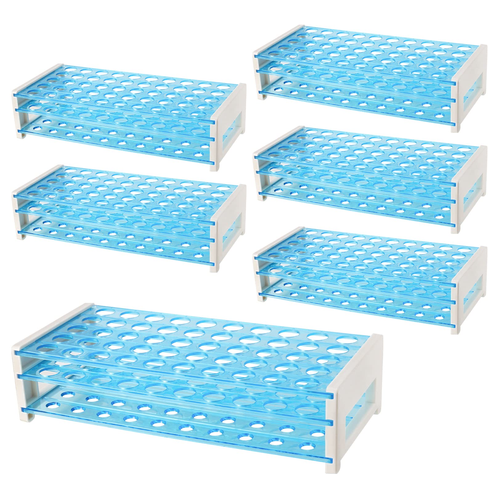 JAPCHET 6 Pack Plastic Test Tube Rack, 50 Holes Test Tube Rack Holder for 13/16mm Tubes, Detachable Stand Bracket Rack for Scientific Experiment, Party Favors, Decoration, Holds 50 Tubes, Blue