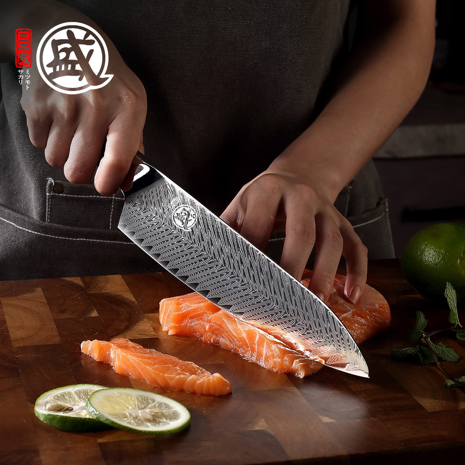 MITSUMOTO SAKARI 8.5 inch Japanese Damascus Chef Knife, Professional Hand-Forged VG-10 Damascus Santoku Knife, Ultra Sharp Meat Sushi Cleaver Kitchen Knife (Nanmu Knife Handle & Sandalwood Box)