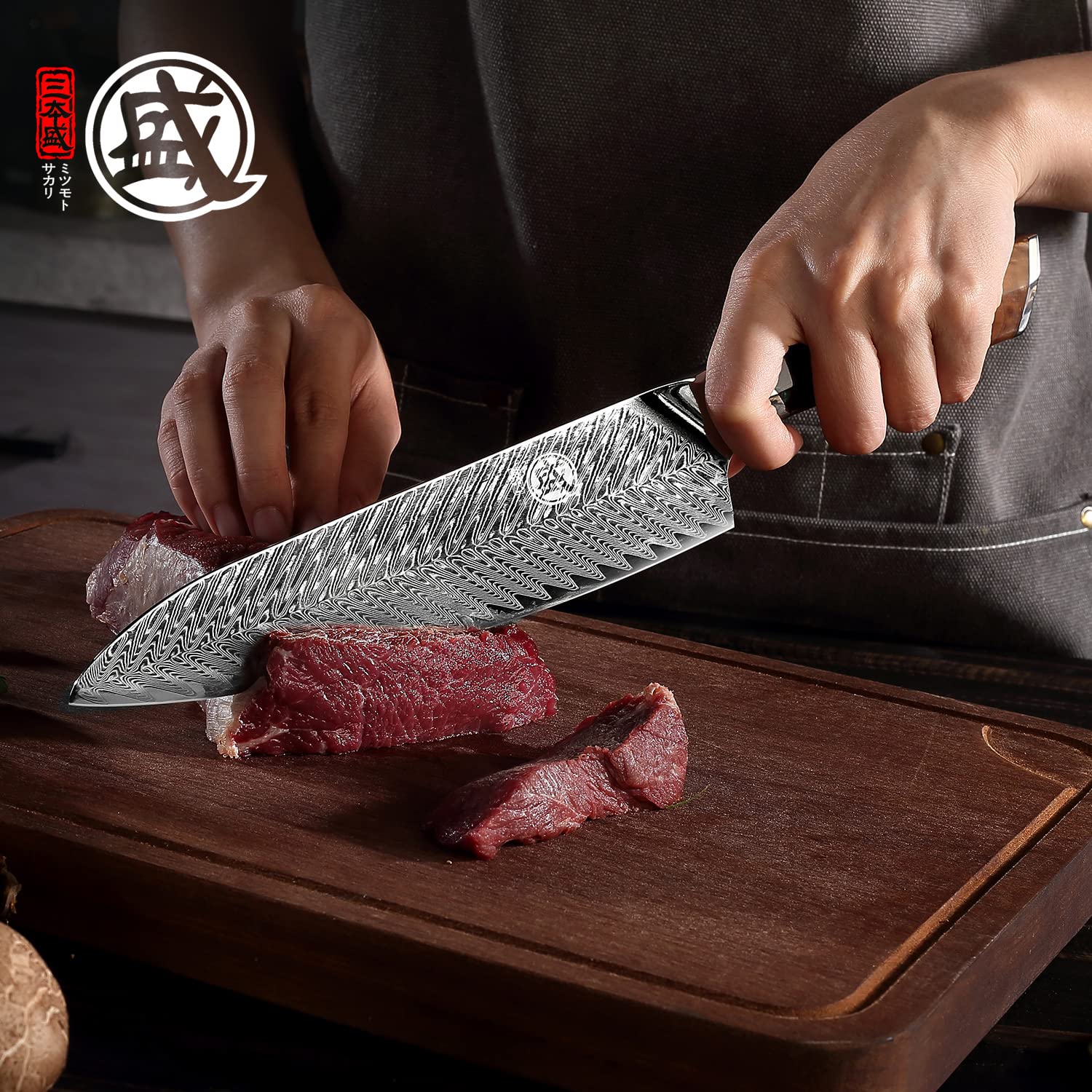 MITSUMOTO SAKARI 8.5 inch Japanese Damascus Chef Knife, Professional Hand-Forged VG-10 Damascus Santoku Knife, Ultra Sharp Meat Sushi Cleaver Kitchen Knife (Nanmu Knife Handle & Sandalwood Box)