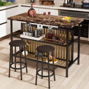 AWQM 3 Piece Bar Table Set with Storage, Kitchen Island with Seating Wooden Counter Height Table and Chairs Set, Brown