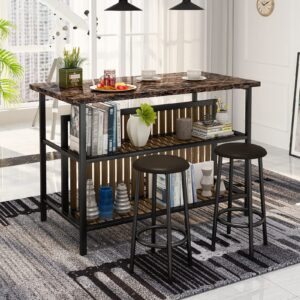 AWQM 3 Piece Bar Table Set with Storage, Kitchen Island with Seating Wooden Counter Height Table and Chairs Set, Brown