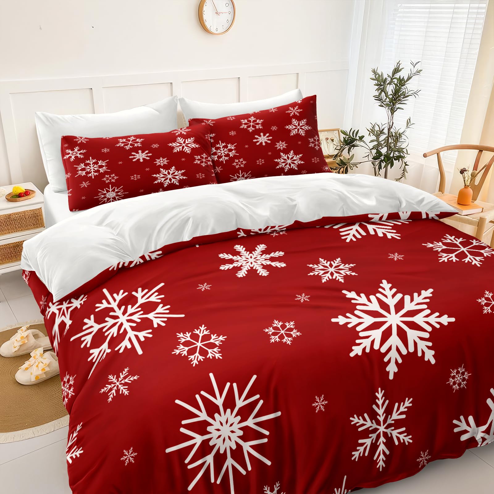 Snowflake Bedding Christmas Duvet Cover Set White Snowflake Red Christmas Printed Xmas Festival Bedding Set King 1 Duvet Cover 2 Pillowcases (King, Snowflake)