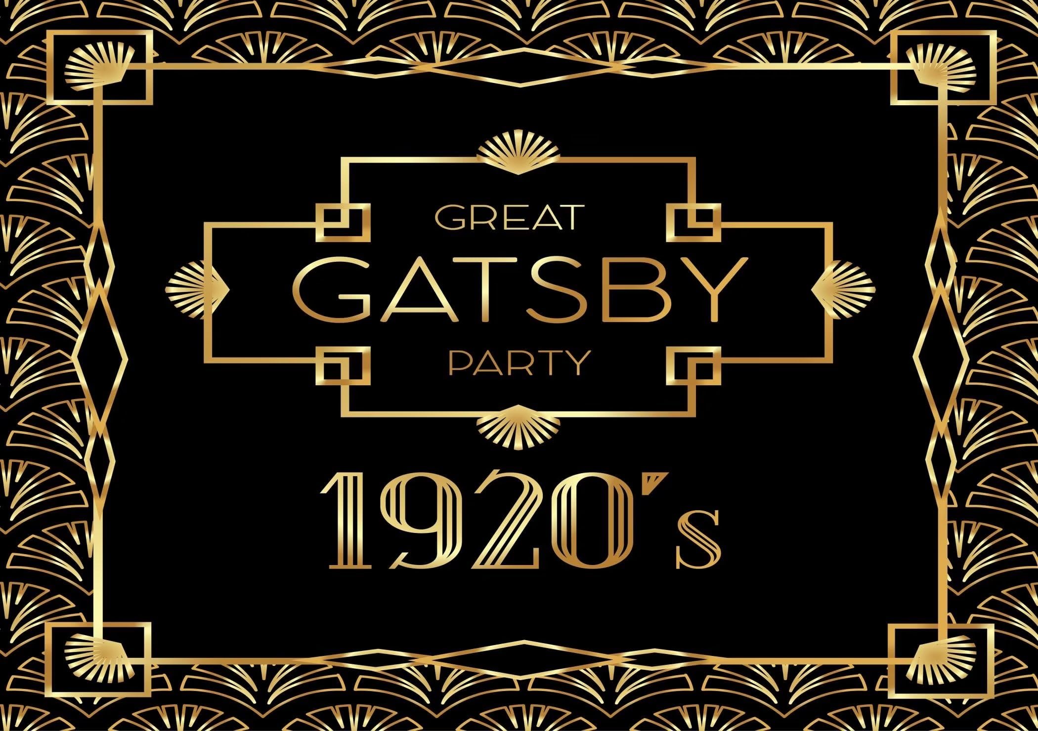 CORFOTO Fabric 9x6ft Gatsby Backdrop Photography Background for Birthday Party Decoration Black Gold Pattern Retro 1920s Roaring Holiday Celebration Prom Banner Dining Room Wall Hanging Props