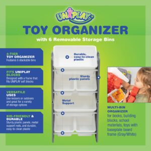 UNiPLAY Toy Organizer with 6 Removable Storage Bins, Multi-Bin Organizer for Books, Building Blocks, School Materials, Toys with Baseplate Board Frame (Gray)