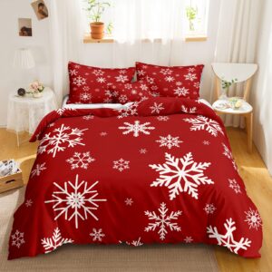 Snowflake Bedding Christmas Duvet Cover Set White Snowflake Red Christmas Printed Xmas Festival Bedding Set King 1 Duvet Cover 2 Pillowcases (King, Snowflake)