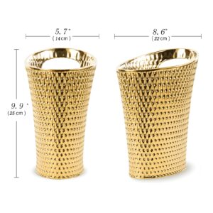 BASDHE Mini Desktop Trash Can, 1.5L Capacity, Gold Color, Ceramic Material, Inclined Opening Design, Fits Small Spaces