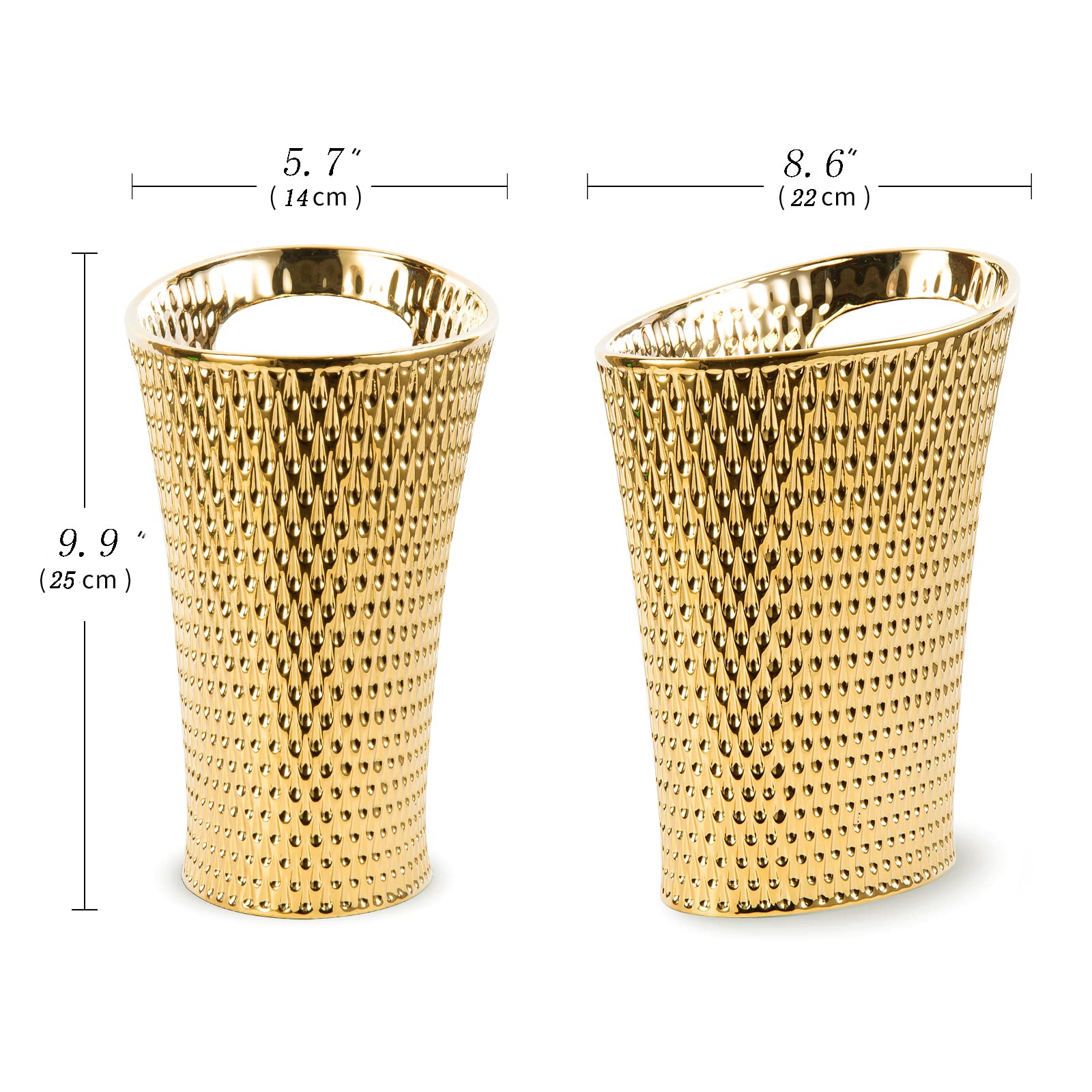 BASDHE Mini Desktop Trash Can, 1.5L Capacity, Gold Color, Ceramic Material, Inclined Opening Design, Fits Small Spaces