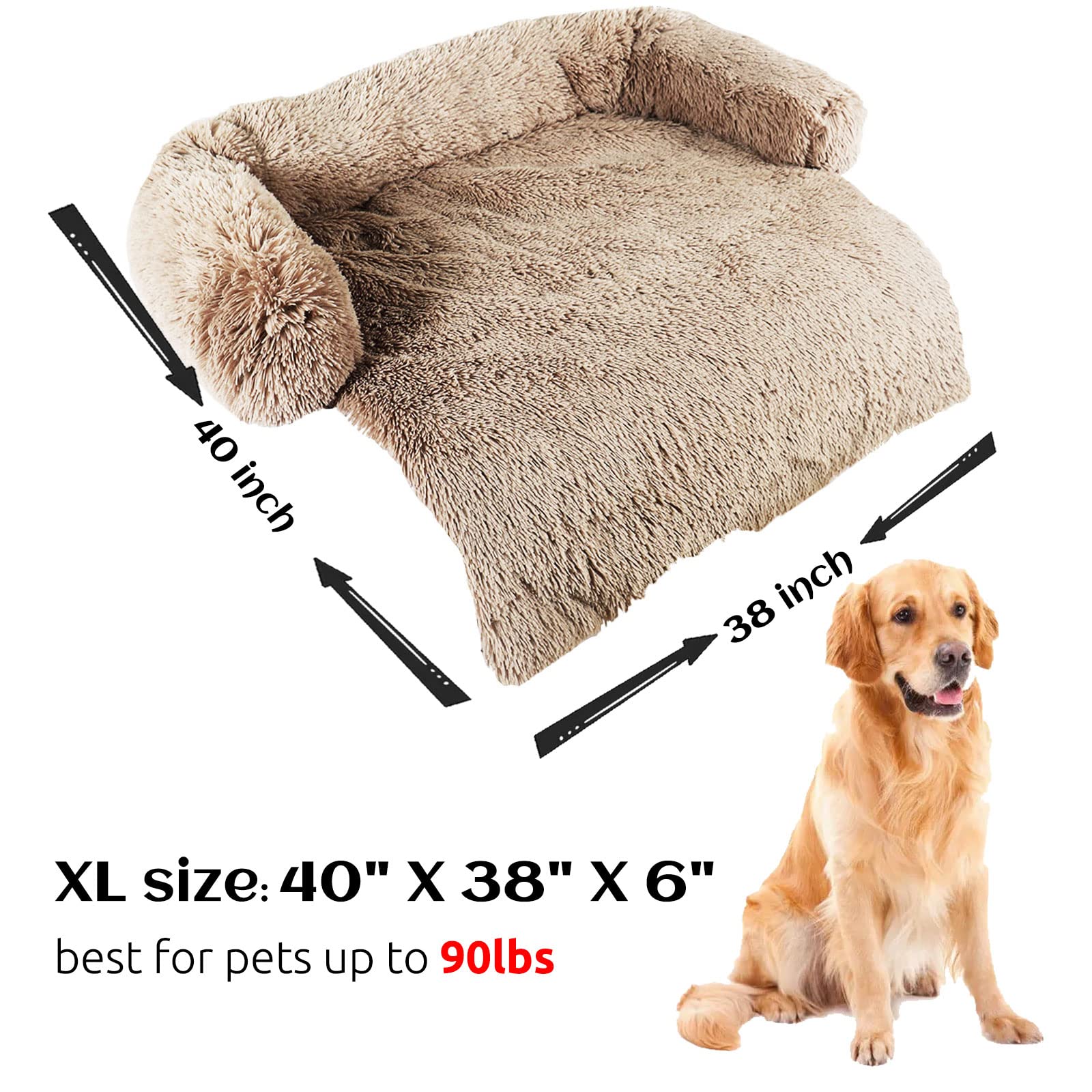 HACHIKITTY Calming Dog Sofa Bed Mat, Washable Plush Couch Cover for Dog, Furniture Protector Pet Sofa Mat for Dogs and Cats, Fluffy Dog Couch Bed with Anti-Slip Bottom (40"x 38"x 6", Camel)