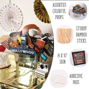 Hollywood Photo Booth Props - 41-pc Photobooth Kit with 8 x 10-Inch Sign, 60 Adhesive Pads, 45 Sticks - Movie Night Supplies - Hollywood Party Decorations