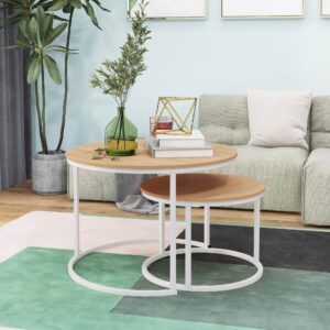 HOJINLINERO Industrial Round Coffee Table Set of 2 End Table for Living Room,Stacking Side Tables, Sturdy and Easy Assembly,Wood Look Accent Furniture with Metal Frame,White+Teak OAKDK