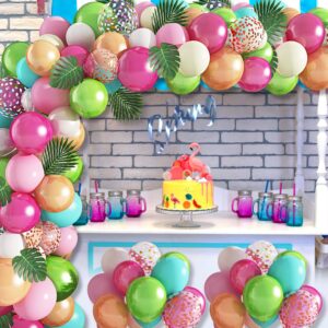 124Pcs Tropical Balloons Arch Garland Kit, Green Hot Pink Rose Gold Confetti Balloons Palm Leaves for Tropical Hawaiian Aloha Luau Flamingo Birthday Party Baby Shower Wedding Decorations