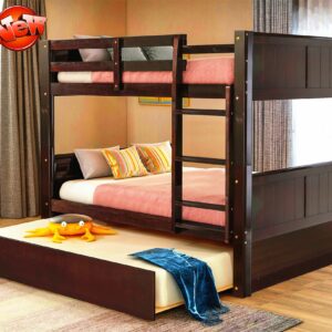 AOOMEEC Higher Quality and Stronger Solid Wood Bunk Bed Full Over Full with Trundle for Kids Teens Boys Girls Adults, Thicken More Stable Full Over Full Bunk Bed Frame, Easier to Assemble (Espresso)