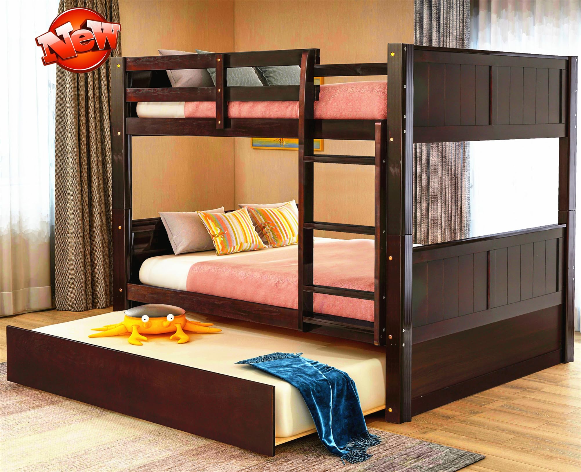 AOOMEEC Higher Quality and Stronger Solid Wood Bunk Bed Full Over Full with Trundle for Kids Teens Boys Girls Adults, Thicken More Stable Full Over Full Bunk Bed Frame, Easier to Assemble (Espresso)