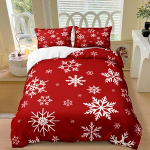 Snowflake Bedding Christmas Duvet Cover Set White Snowflake Red Christmas Printed Xmas Festival Bedding Set King 1 Duvet Cover 2 Pillowcases (King, Snowflake)