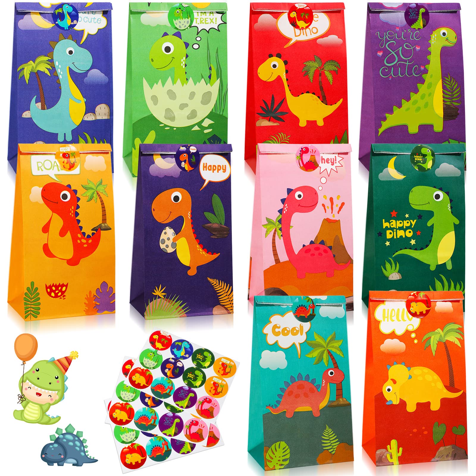 Containlol 30 Pack Dinosaur Party Gift Bags Little Dinosaur Goodie Candy Treat Bag with Matching Stickers Halloween Christmas Party Favor Bags for Kids Dinosaur Themed Birthday Baby Shower(Classical)