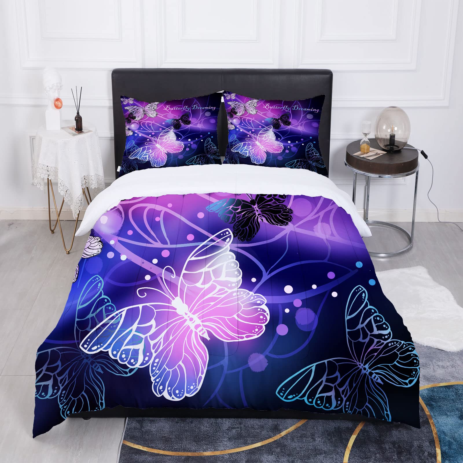 Sunnycitron 3D Purple Butterfly Bedding Twin Comforter Set Dreamy Butterfly Comforter Set for Girls and Women, Soft, Breathable, Fade Resistant 3 Piece- Includes 1 Comforter and 2 Pillowcase