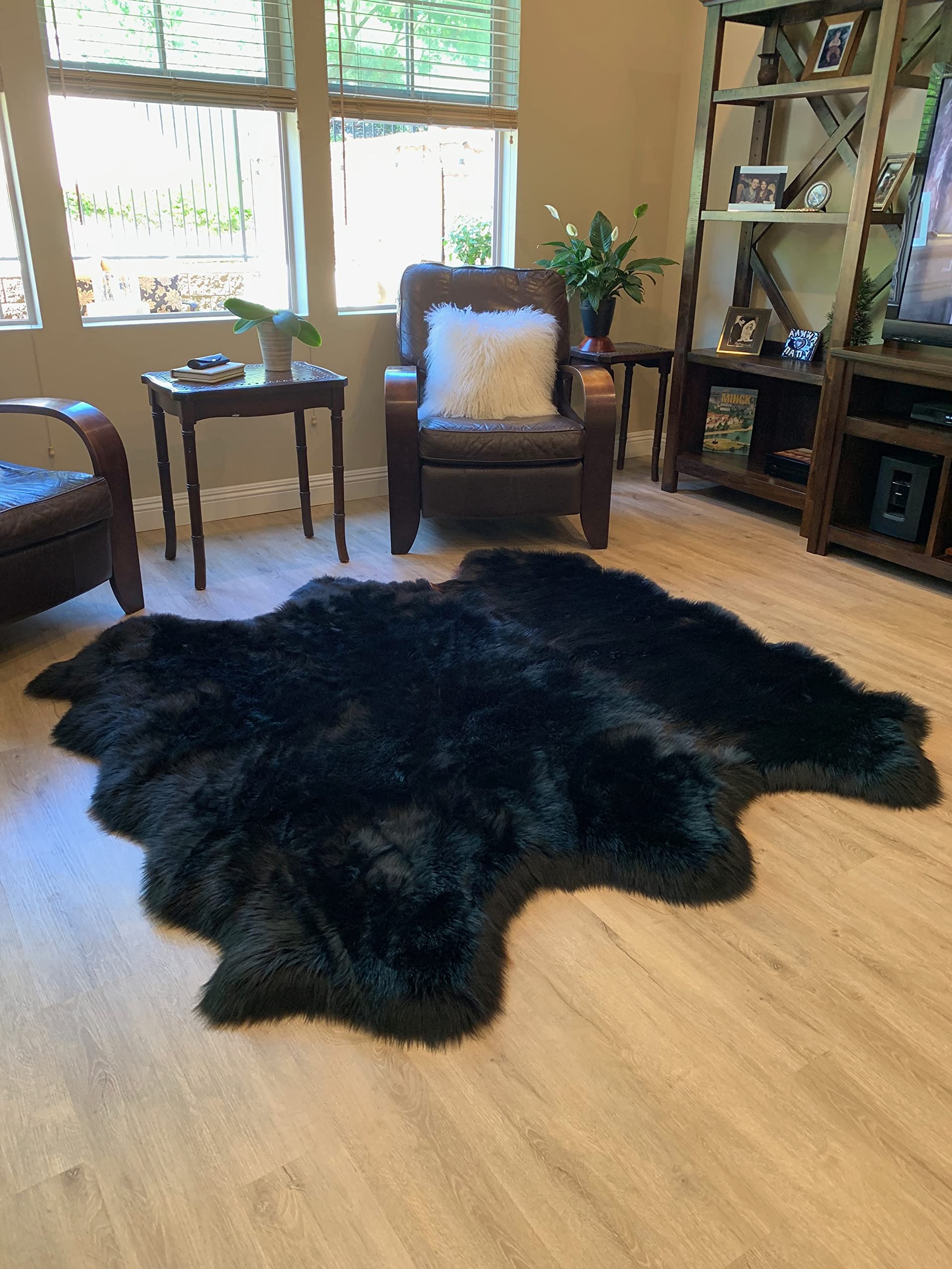 LAMBZY Faux Sheepskin Super Soft Hypoallergenic Silky Shag Rug for Living Room, Kids Room, Sofa (Sexto 6 Pelts 6'x6', Black)