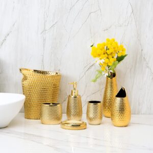 BASDHE Mini Desktop Trash Can, 1.5L Capacity, Gold Color, Ceramic Material, Inclined Opening Design, Fits Small Spaces