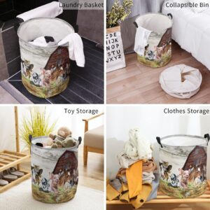 Laundry Basket Animal Pig Cow Farm Barn,Waterproof Collapsible Clothes Hamper Retro Fence Country Wheat Harvest,Large Storage Bag for Bedroom Bathroom