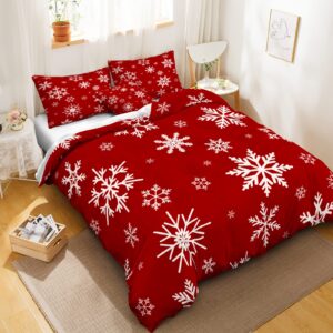 Snowflake Bedding Christmas Duvet Cover Set White Snowflake Red Christmas Printed Xmas Festival Bedding Set King 1 Duvet Cover 2 Pillowcases (King, Snowflake)