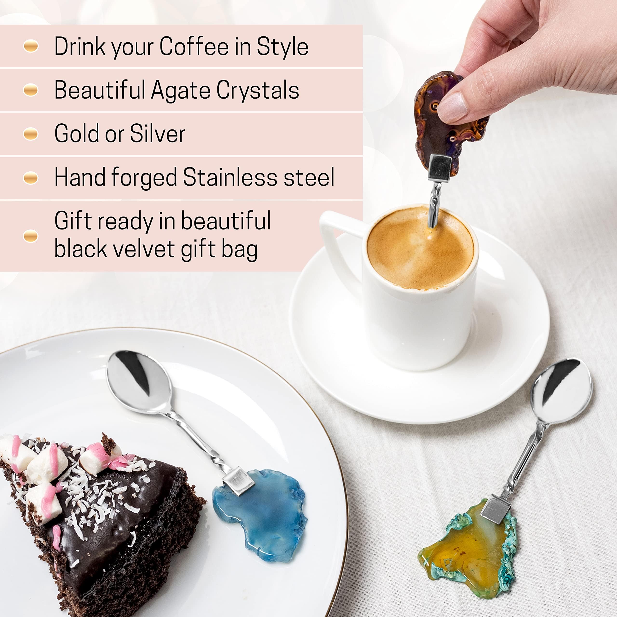 Artisan Silver Coffee Spoon with Crystal Accent - Dessert, Tea & Coffee Spoons Set of 4 - Handcrafted Coffee Spoons for Coffee Bar - Mixing & Stirring Spoons with Crystal Energy by Wanda Living