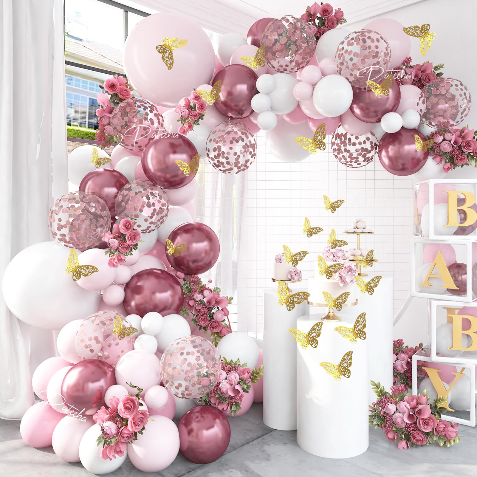 Pateeha Baby Shower Decorations for Girl 140 Pcs Pink Balloon Garland Pink White Balloon Arch Kit Butterfly Stickers Rose Gold Confetti Balloons for Bridal Shower Coquette Birthday Decorations