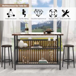 AWQM 3 Piece Bar Table Set with Storage, Kitchen Island with Seating Wooden Counter Height Table and Chairs Set, Brown