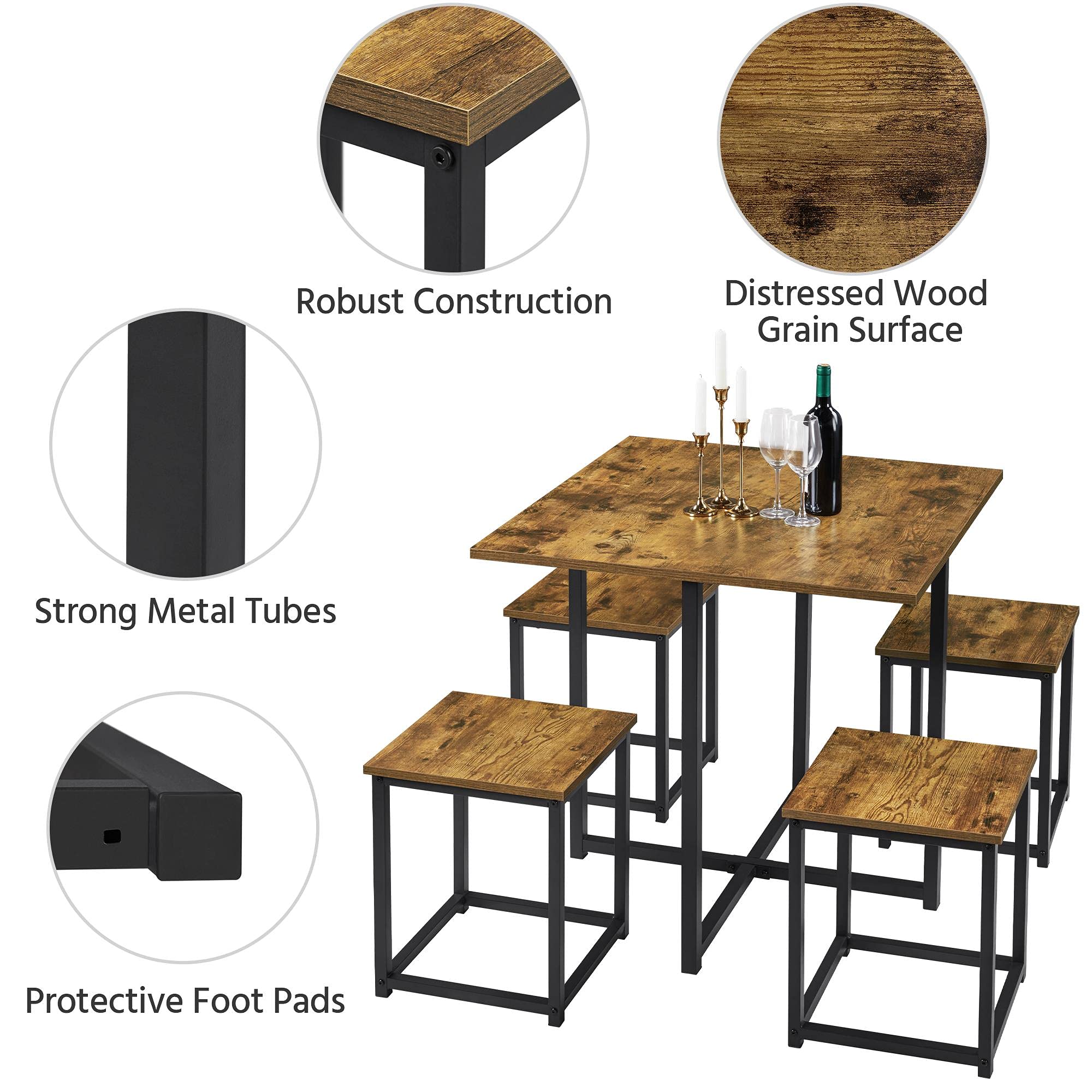 Yaheetech 5 Piece Dining Table & Chair Set - Compact Wood Table Sets Home Furniture for Kitchen Dining Room Small Space -Rustic Brown