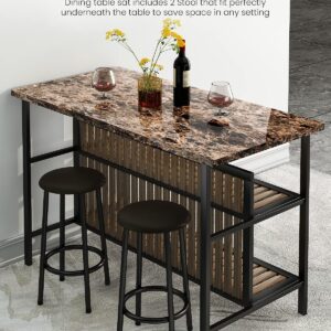 AWQM 3 Piece Bar Table Set with Storage, Kitchen Island with Seating Wooden Counter Height Table and Chairs Set, Brown